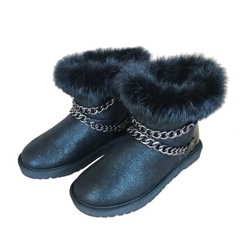 Hot sale women fashion metal chain decoration fake fur ladies winter snow ankle outdoor boots