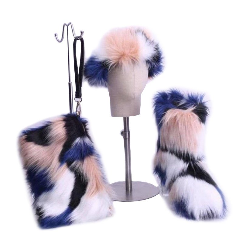 Children baby kids winter fur boots faux fluffy furry fur snow boots and headband set snow fur boots