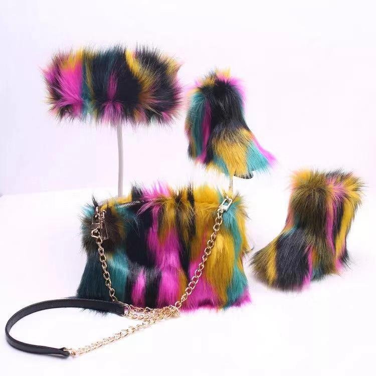 Children baby kids winter fur boots faux fluffy furry fur snow boots and headband set snow fur boots