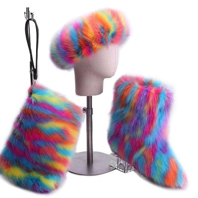 Children baby kids winter fur boots faux fluffy furry fur snow boots and headband set snow fur boots
