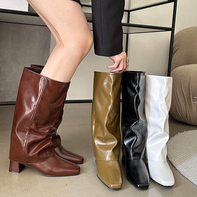 Fall winter fashion women's knee-high boots with square toes and chunky heels