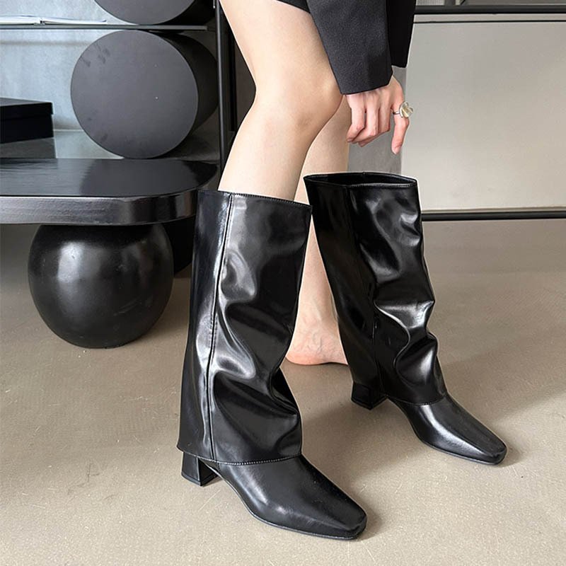 Fall winter fashion women's knee-high boots with square toes and chunky heels