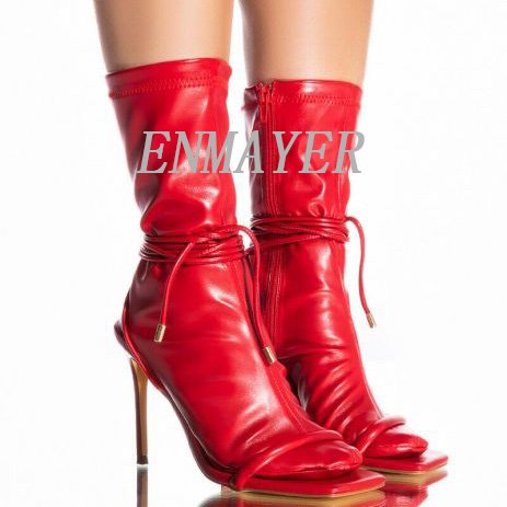 Custom Red Leather Socks And Sandals Boots Hot Sale Square Toe Lace Up Women's Boots