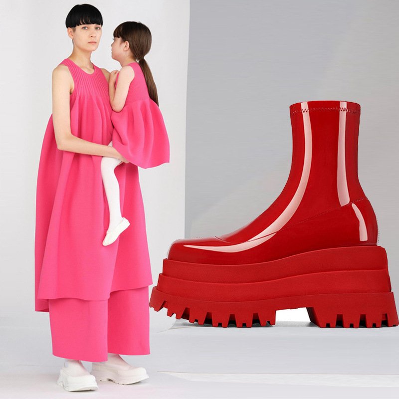 XINZI RAIN Wholesale Women Double Platform Shoes Square Toe Red Patent Leather Thick Bottom Chunky Boots For Ladies