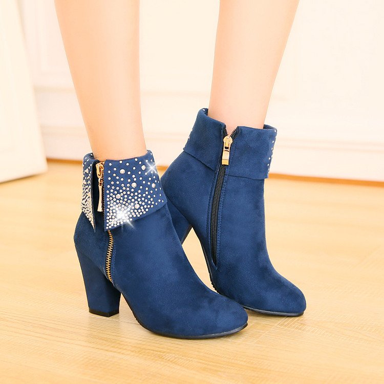 Red Blue Black Crystal Boots Women Ankle Boots For Women High Heel Winter Shoes Women Zipper Boots Size 32-46