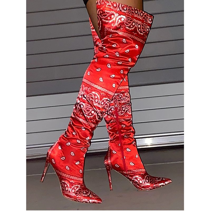 Winter and fall new fashion lady boots bags set printed bandana silk thigh high heel shoes over knee long boots women high boots