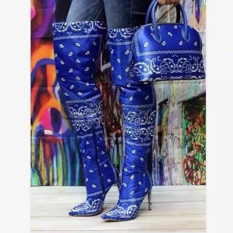 Winter and fall new fashion lady boots bags set printed bandana silk thigh high heel shoes over knee long boots women high boots
