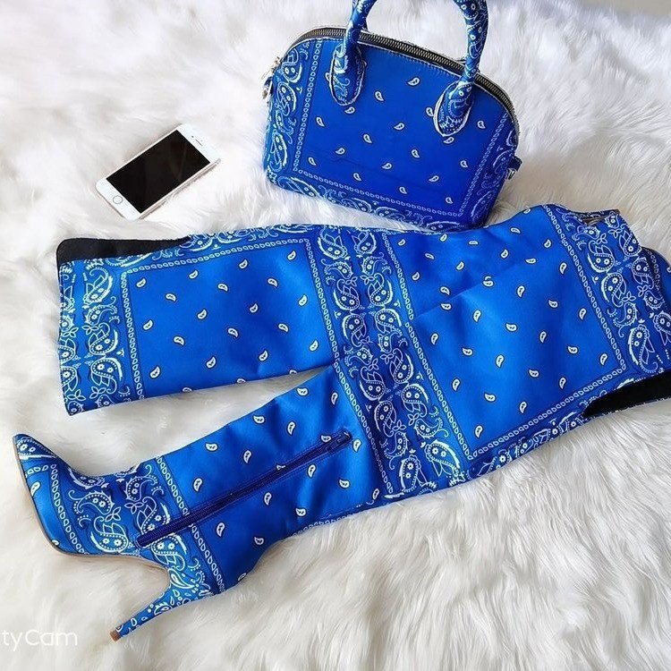 Winter and fall new fashion lady boots bags set printed bandana silk thigh high heel shoes over knee long boots women high boots