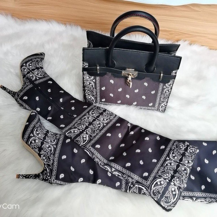 Winter and fall new fashion lady boots bags set printed bandana silk thigh high heel shoes over knee long boots women high boots