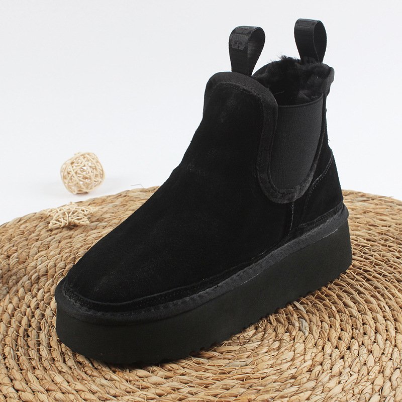 Thick Soled Cowhide Snow Boots 2024 New Chelsea Plush Short Boots 5cm Fashionable and Warm Women Thick Sole Boots
