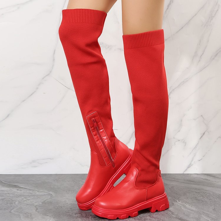 2022 New Leather Knitted Splice Knee Length Boots Large Thick Bottom Women's Boots High Elastic Knee Length Boots