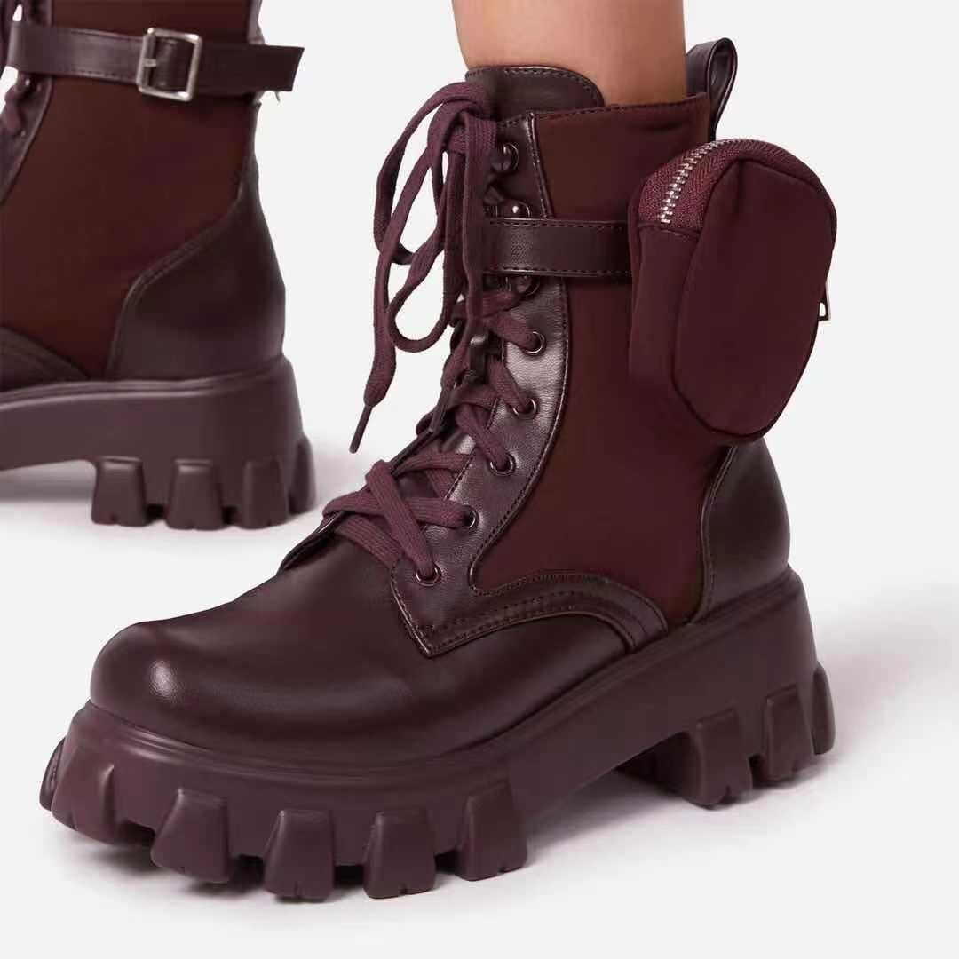 Autumn Winter Boots Shoes High Quality Leather Ladies Ankle Boots Lace Up Quilted Platform Ankle Martin Boots