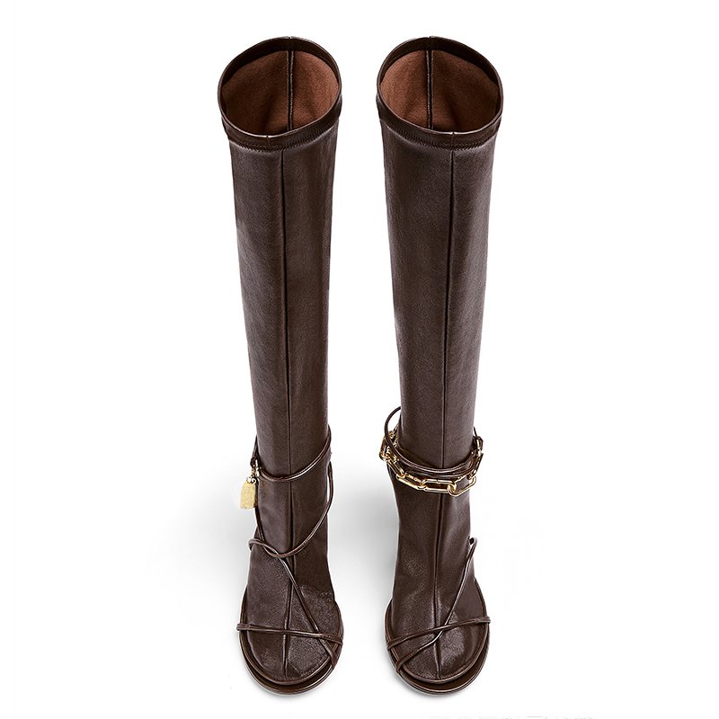 Wholesale Boots Round Toe Metal Chain Decoration Knee High Zipper Up High Heel Leather Retro Trend Women Boots Manufacturer