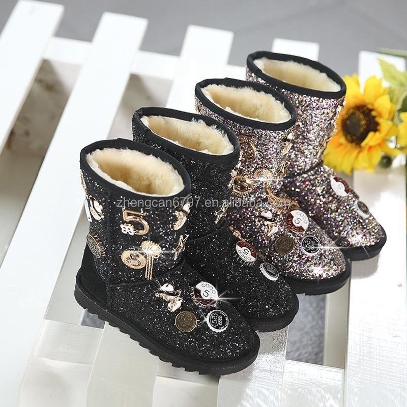 New Girls' Sequins Snow Boots Children's Metal Buckle Diamond Medium Boot Kid's Thick Warm Fleece Outdoor Shoes