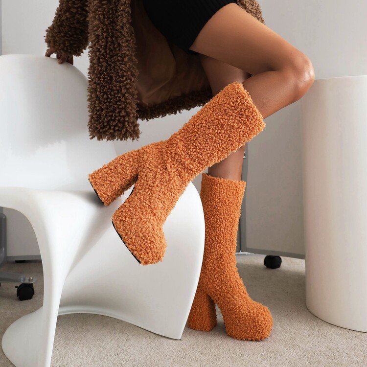 Solid color thick bottom waterproof platform middle tube boots Large thick heel lamb wool fashion boots Women's wool short boots