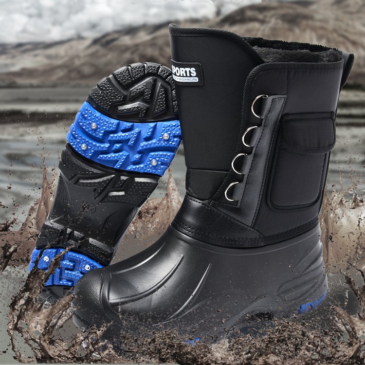 Winter waterproof steel nail out sole snow shoes boots Men's new fishing plush thick lining shoes boots