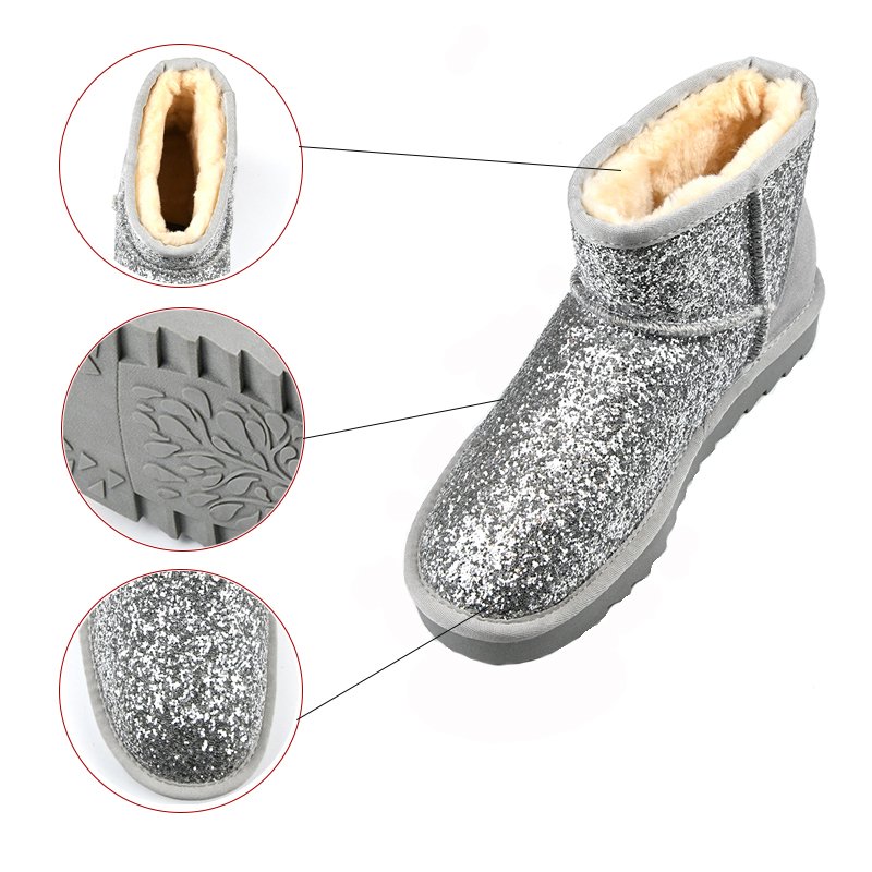 Fashion Trend Winter Warm Cracked sheepskin Glitter TPR Out sole bling Indoor Slipper Ankle Snow Boots