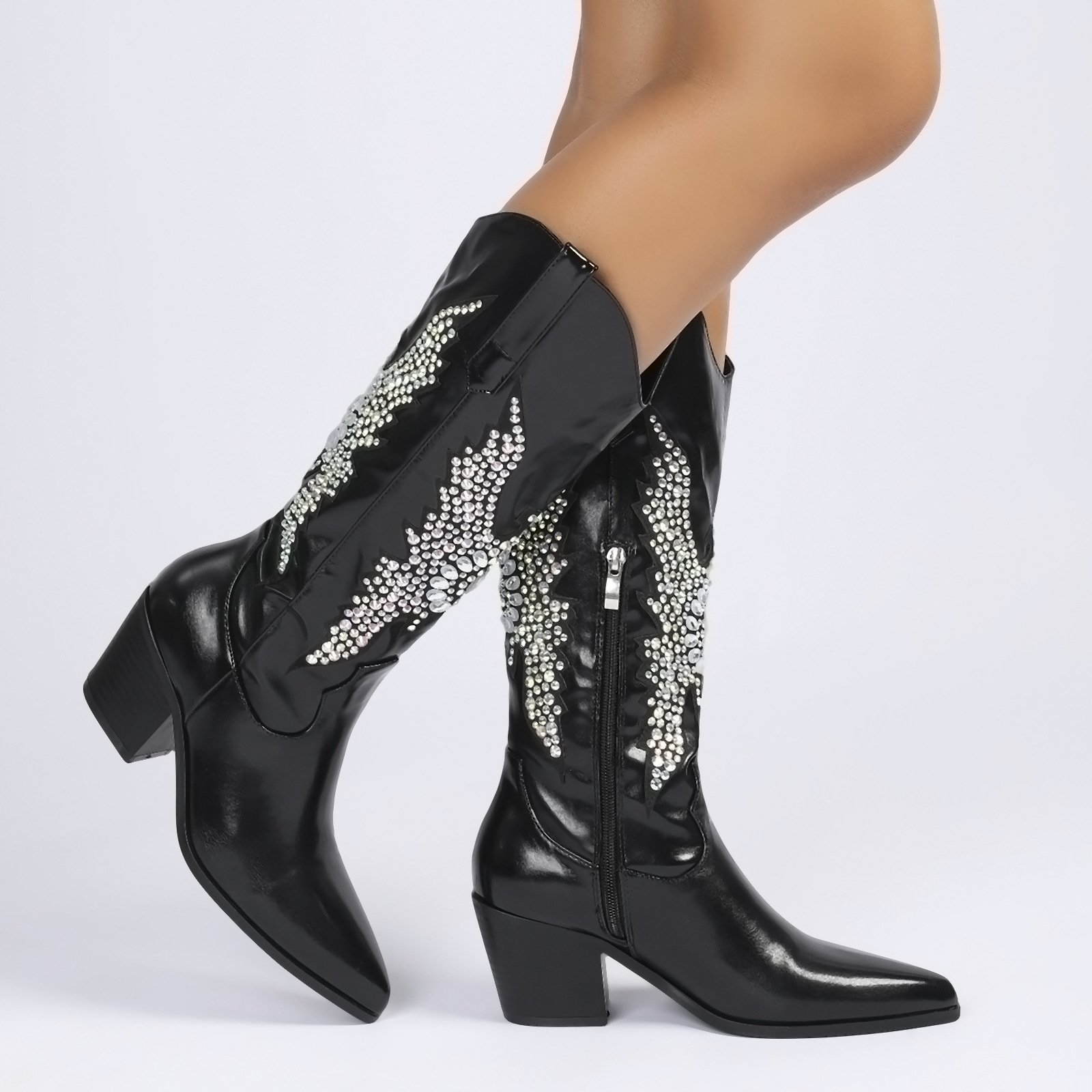SHIKOL woman knee boots women butterfly rhinestone boots knee high zipper block heels ladies outdoor party cowboy women boots