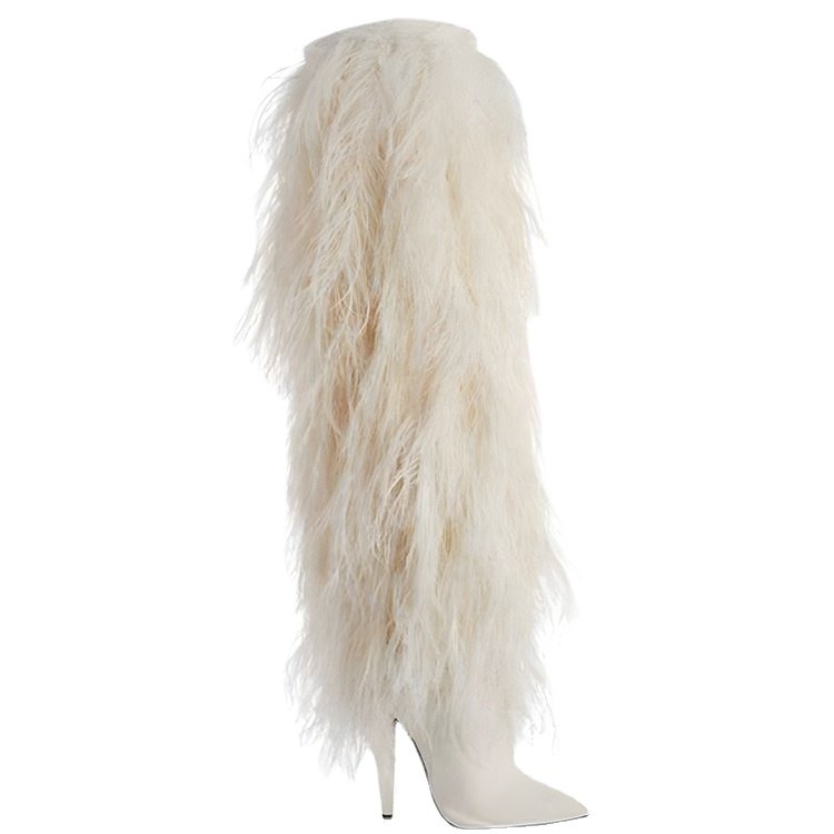 Winter European and American fashion boots pointed toe high heel furry long boots large sizes knee high boots women shoes