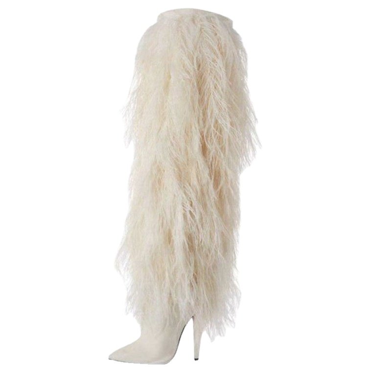 Winter European and American fashion boots pointed toe high heel furry long boots large sizes knee high boots women shoes