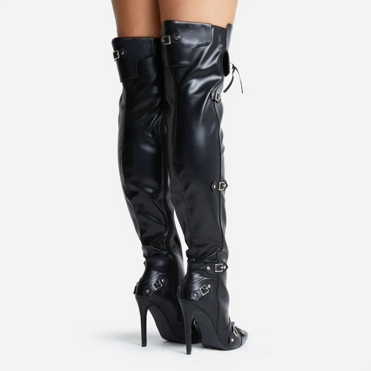 High Heels Knee High Boots Brand New Punk Style Rivet Belt Pointed Toe Stiletto Women's Boots Leather Women Over The Knee Boots