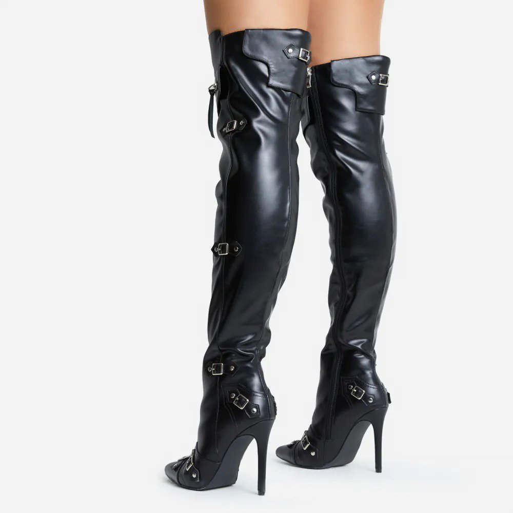 High Heels Knee High Boots Brand New Punk Style Rivet Belt Pointed Toe Stiletto Women's Boots Leather Women Over The Knee Boots