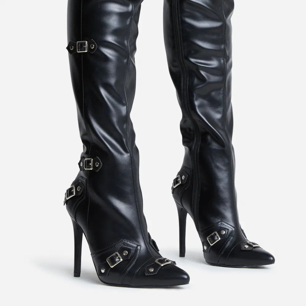 High Heels Knee High Boots Brand New Punk Style Rivet Belt Pointed Toe Stiletto Women's Boots Leather Women Over The Knee Boots