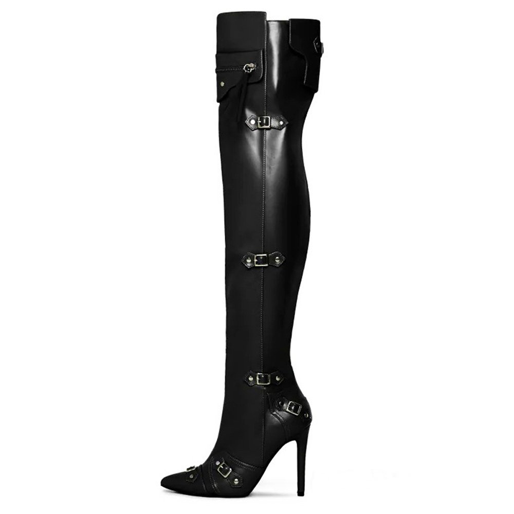High Heels Knee High Boots Brand New Punk Style Rivet Belt Pointed Toe Stiletto Women's Boots Leather Women Over The Knee Boots