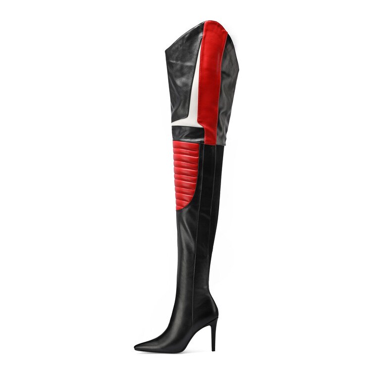 Enmayer sexy fashion show high heel women boots red and black mix color a long thigh heel boots shoes
