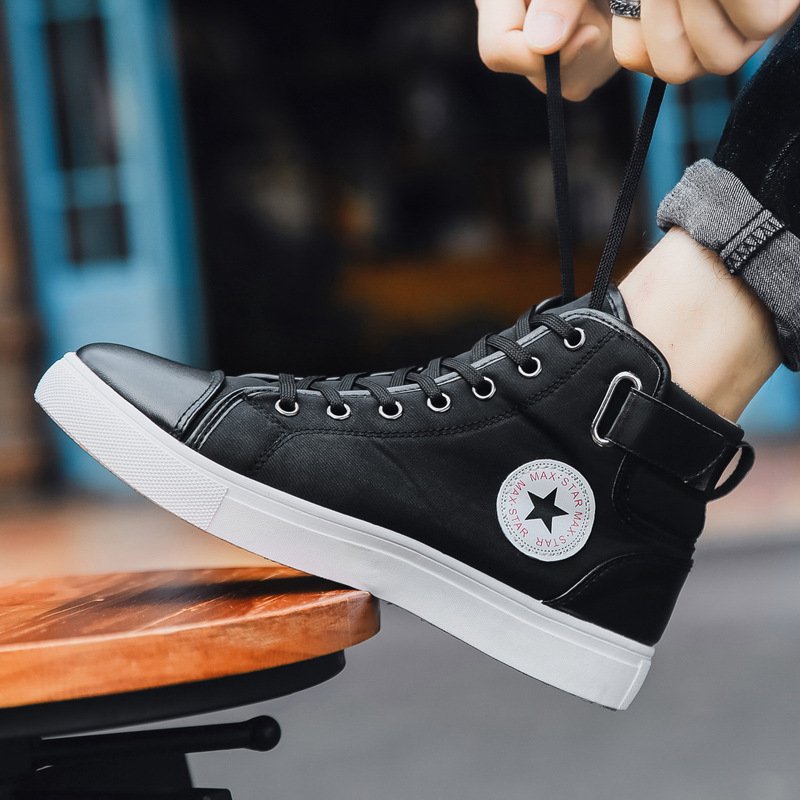 Fall And Winter Leather Upper Round Toe High Top Skateboarding Shoes Men Flat Shoes
