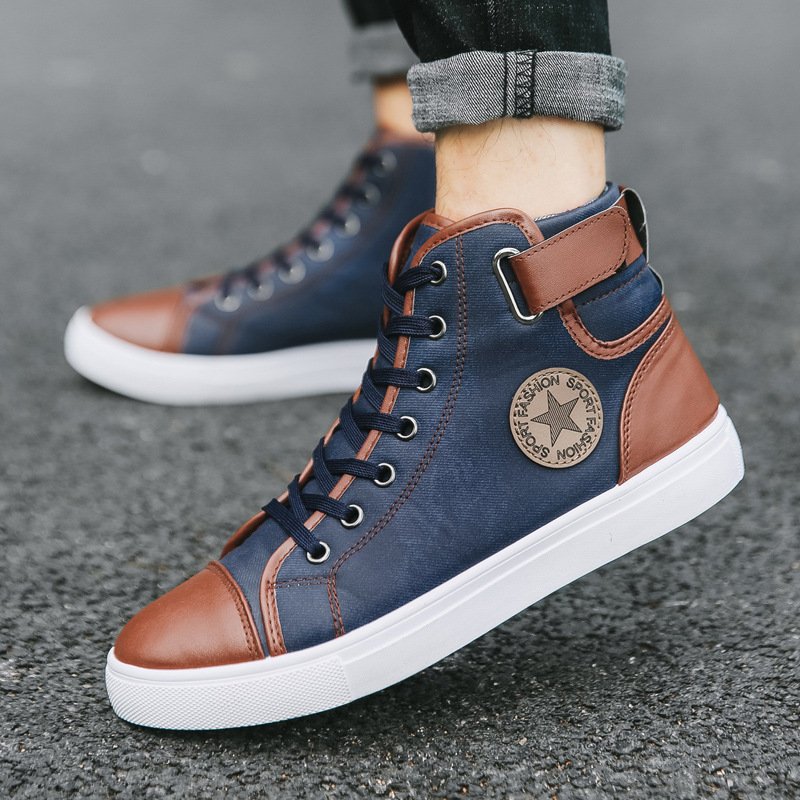 Fall And Winter Leather Upper Round Toe High Top Skateboarding Shoes Men Flat Shoes