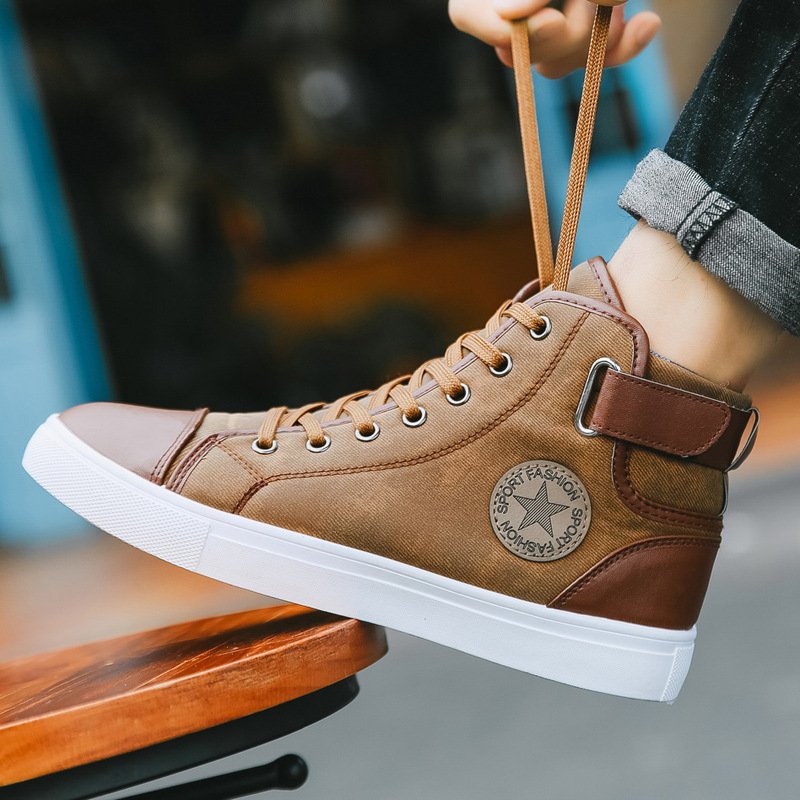 Fall And Winter Leather Upper Round Toe High Top Skateboarding Shoes Men Flat Shoes