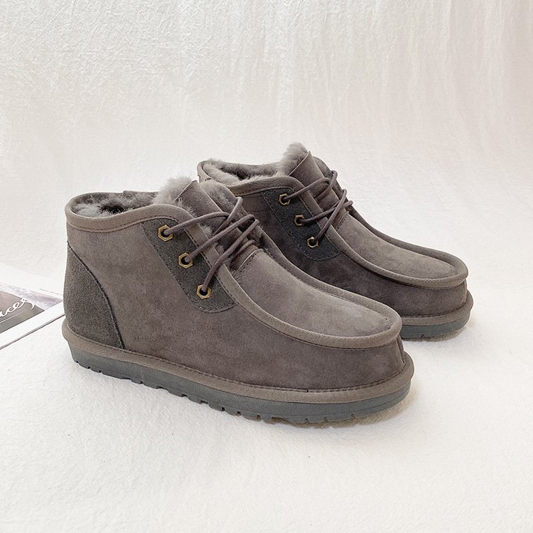 New warm non-slip leather wool men's lace-up snow boots
