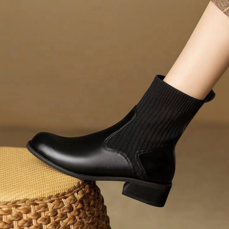 Fly Weaving Thick Heel Flat Bottom Knitted Elastic Sock Boots Round Toe Vintage Boots