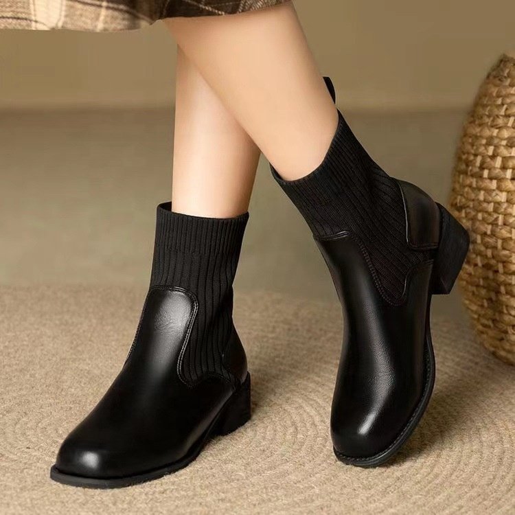 Fly Weaving Thick Heel Flat Bottom Knitted Elastic Sock Boots Round Toe Vintage Boots
