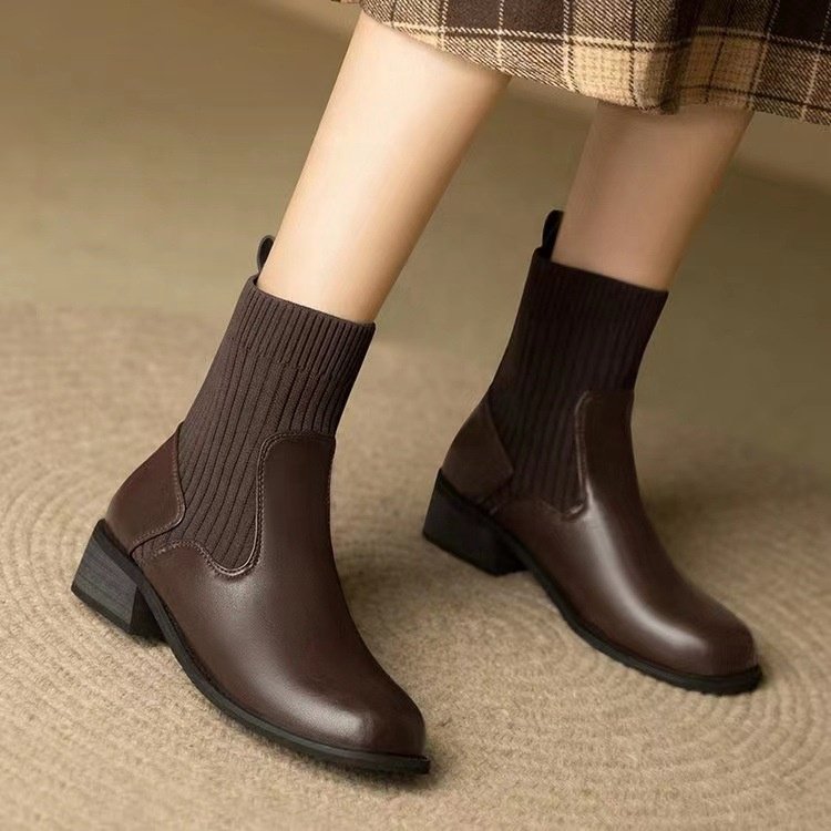 Fly Weaving Thick Heel Flat Bottom Knitted Elastic Sock Boots Round Toe Vintage Boots