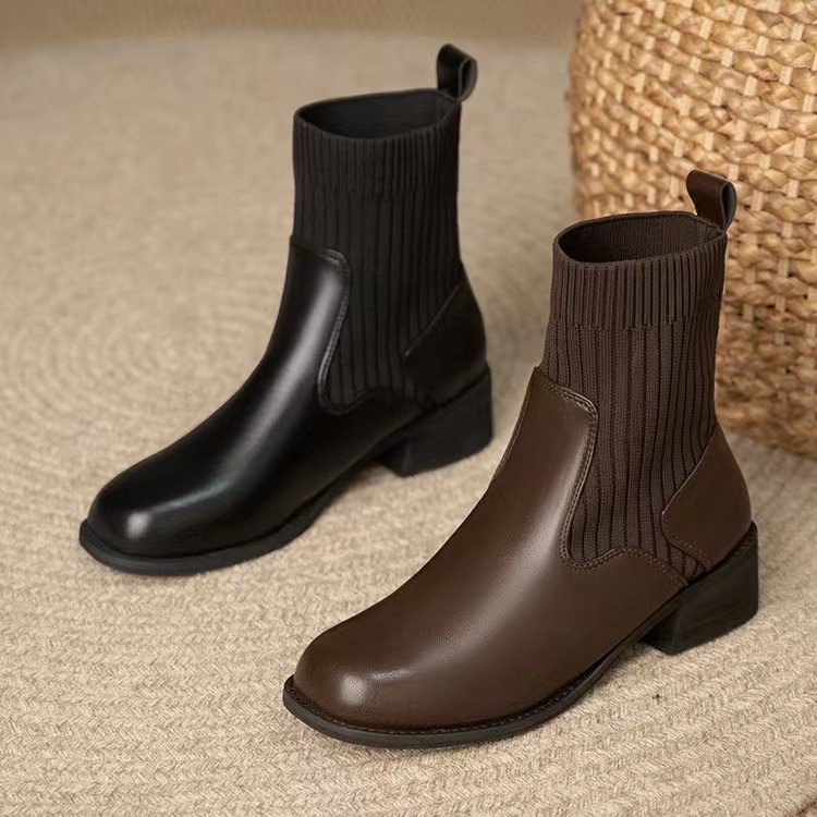 Fly Weaving Thick Heel Flat Bottom Knitted Elastic Sock Boots Round Toe Vintage Boots