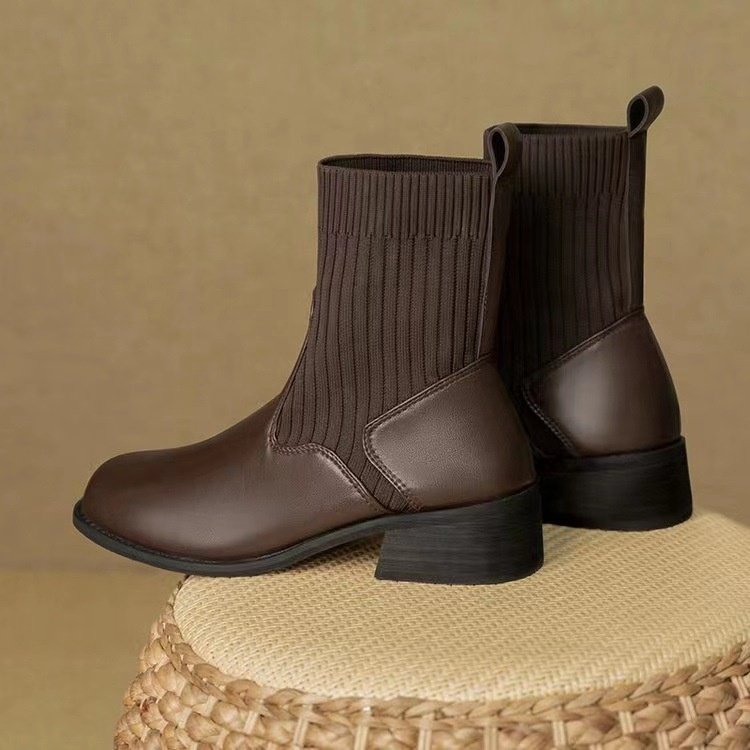 Fly Weaving Thick Heel Flat Bottom Knitted Elastic Sock Boots Round Toe Vintage Boots