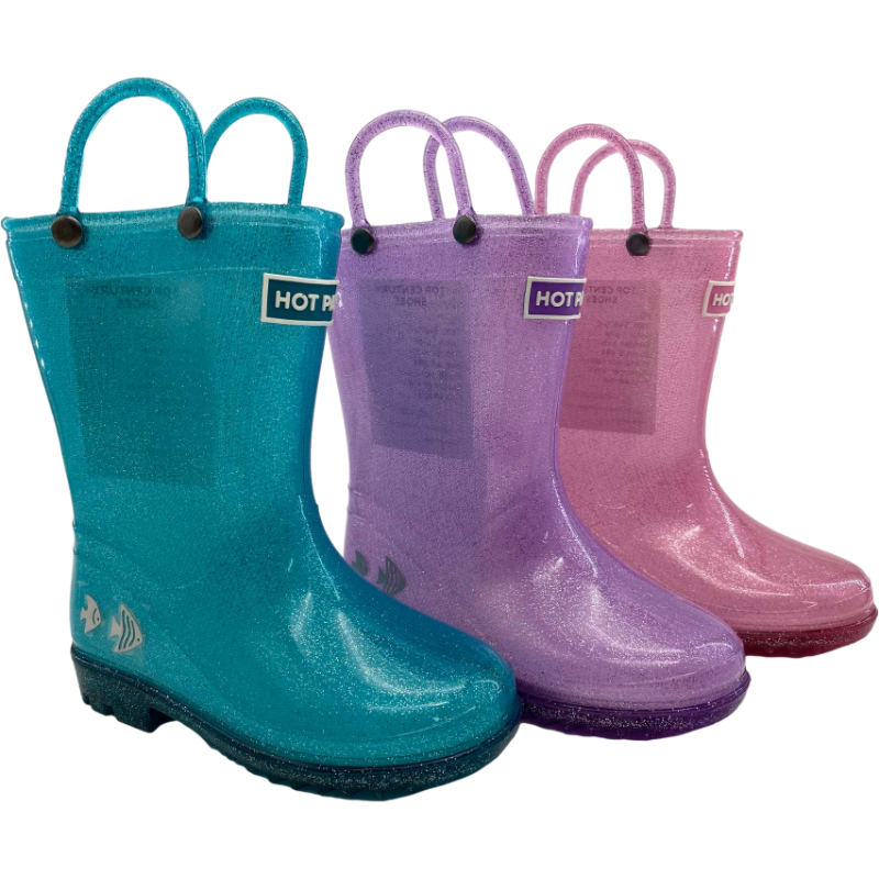Cheap Children Easy Pull-on Jelly Glitter Sparkled Shiny PVC Waterproof Rain Boots with Handles for Kids
