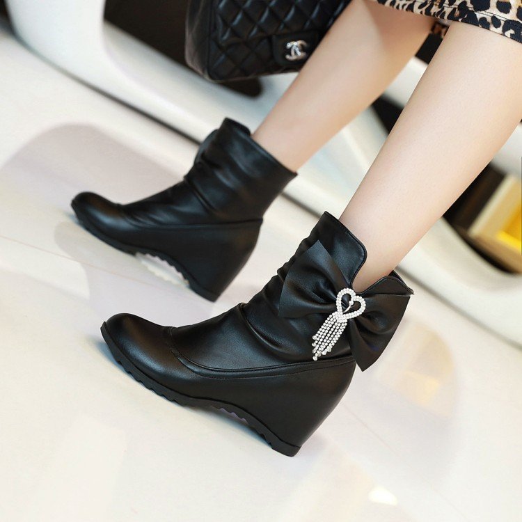 Cross border bow pendant short boots for women's inner sloping heel boots short boots