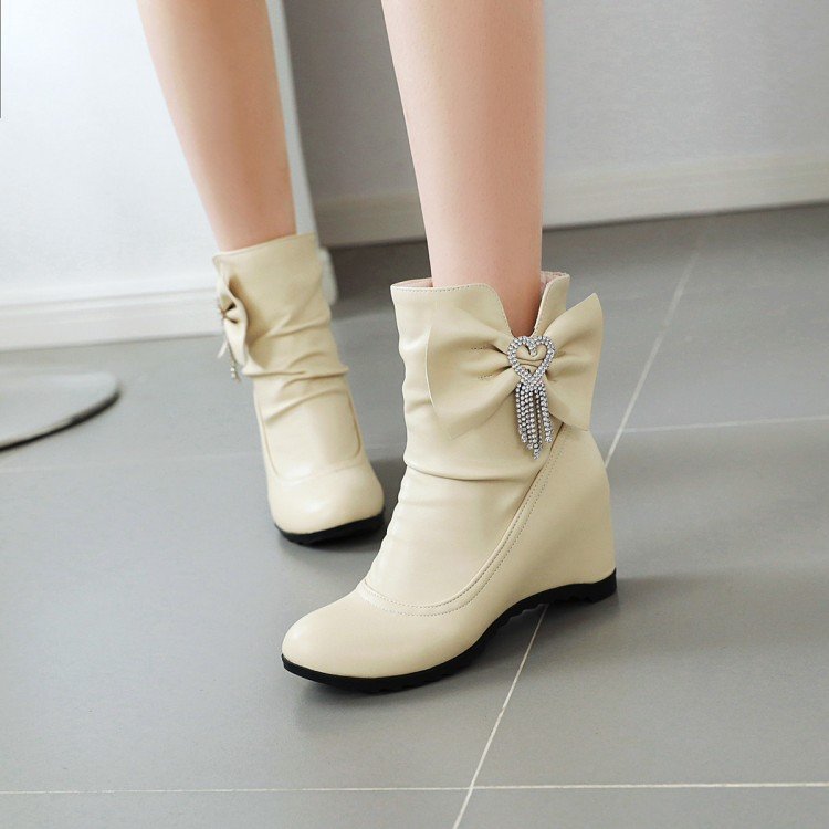 Cross border bow pendant short boots for women's inner sloping heel boots short boots