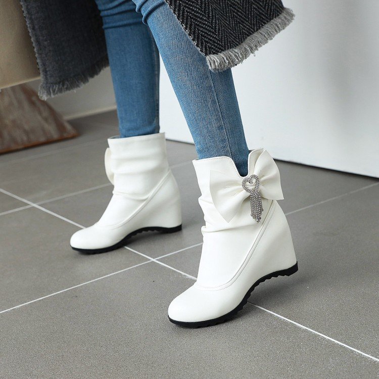 Cross border bow pendant short boots for women's inner sloping heel boots short boots