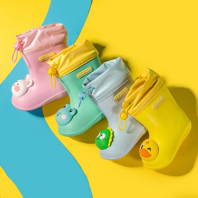 WXL476 Non Slip 3D Dinosaur Duck Drawstring Rainboots Waterproof Cartoon PVC Rubber Children Rain Boots