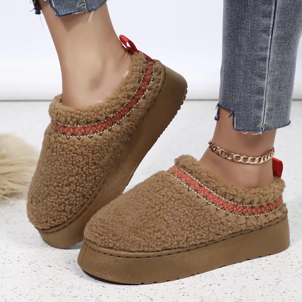 Women's Thick-Soled Snow Boots 2023 Winter Ethnic Style Plush and Warm Cotton Shoes with Leather Fur round Toe