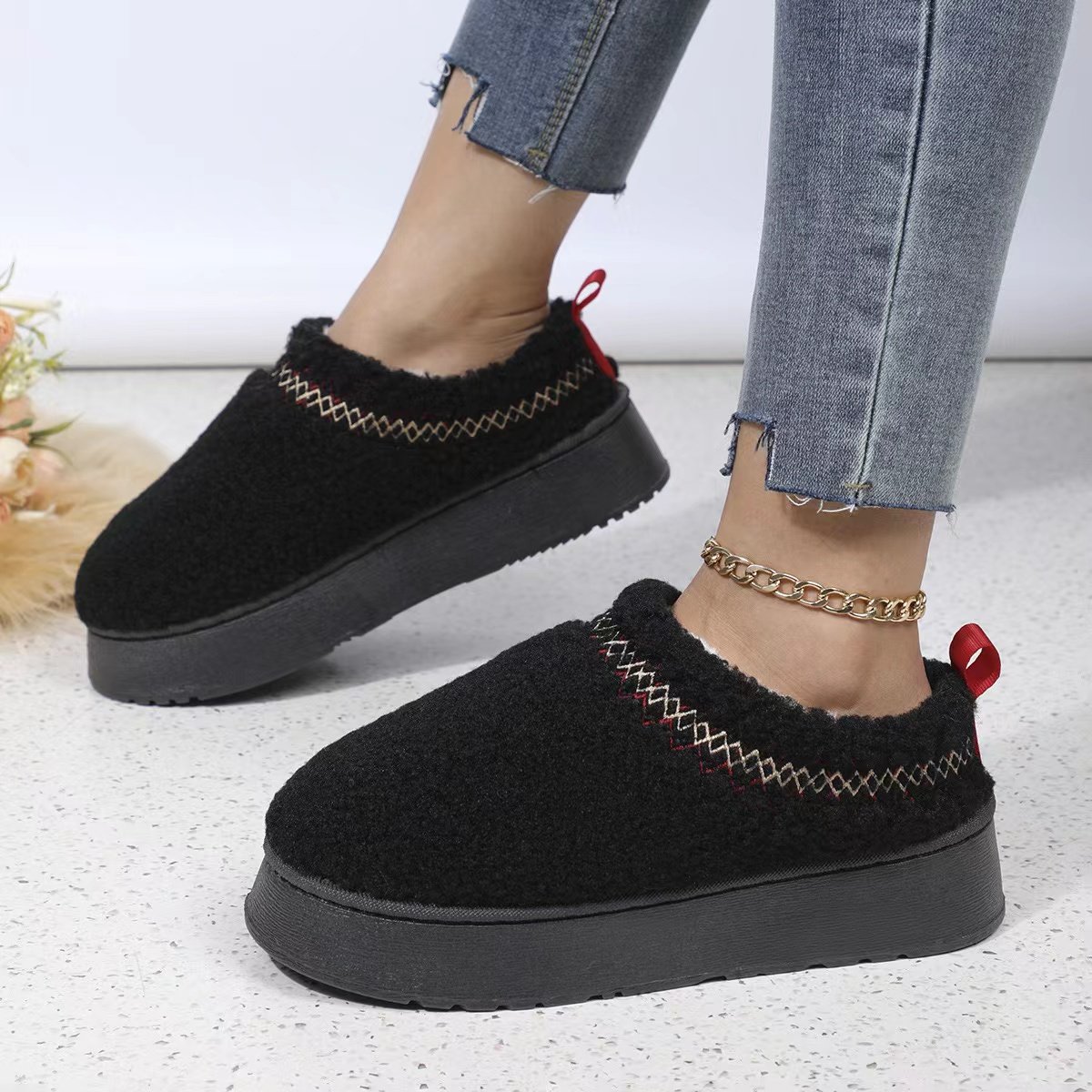 Women's Thick-Soled Snow Boots 2023 Winter Ethnic Style Plush and Warm Cotton Shoes with Leather Fur round Toe