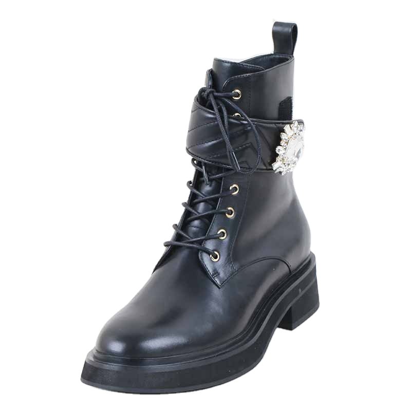 Luxury Casual Leather Shoes Combat Ankle Lace Up Diamond Women Sneaker Zip Black Leather Streetwear Flats Boots Women Summer