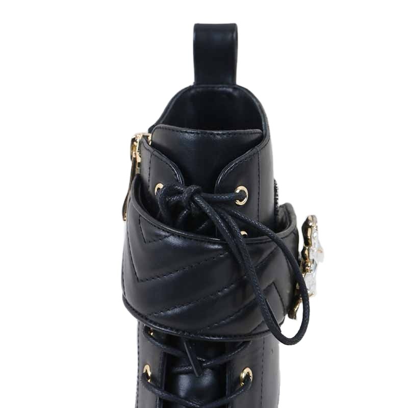 Luxury Casual Leather Shoes Combat Ankle Lace Up Diamond Women Sneaker Zip Black Leather Streetwear Flats Boots Women Summer