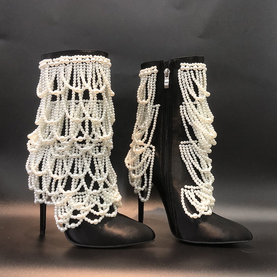 Pearl decorated high heel trendy sexy ladies boots shoes for winter