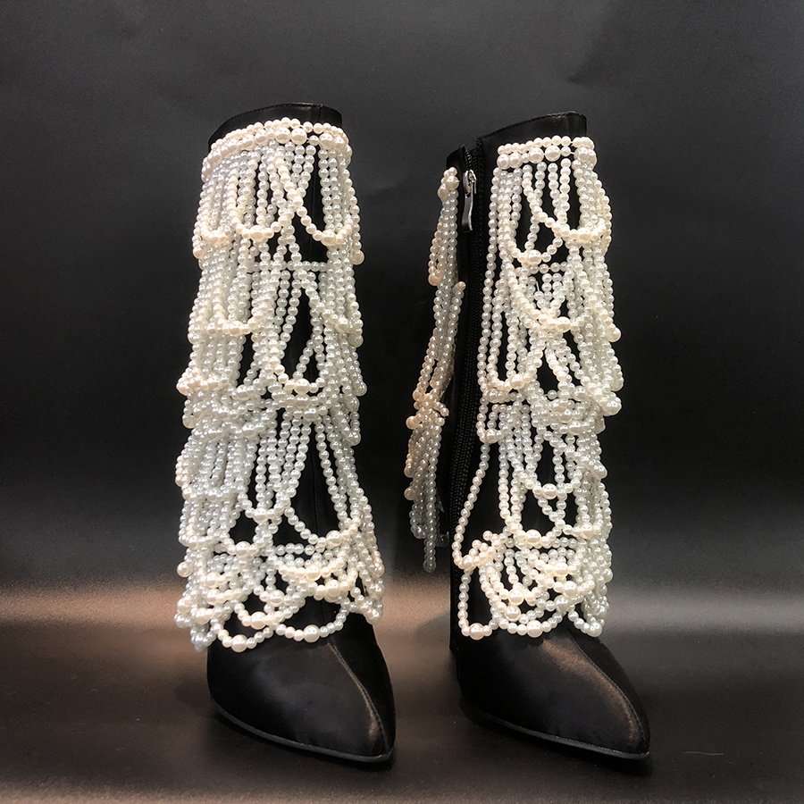 Pearl decorated high heel trendy sexy ladies boots shoes for winter