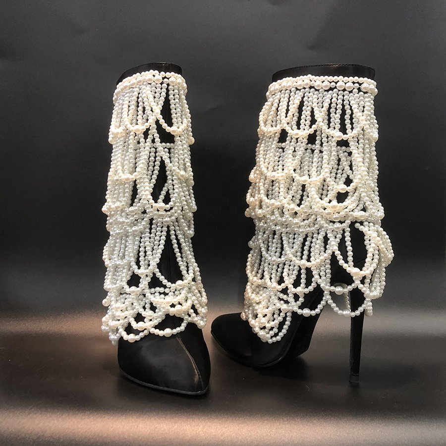 Pearl decorated high heel trendy sexy ladies boots shoes for winter